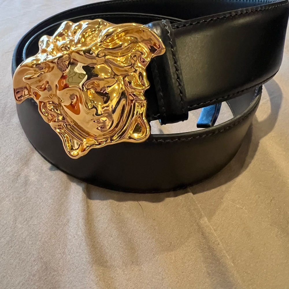 Versace Black Belt with Gold Medusa Accent